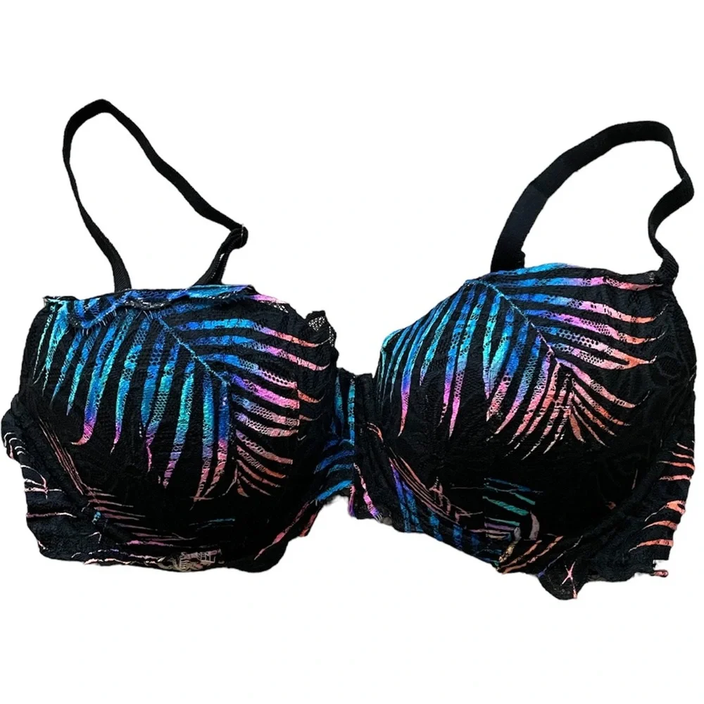 Victoria’s Secret Pink Date Push Up Colorful Floral Black Bra (size 36D Large)